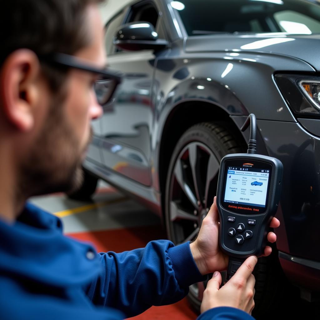 Mechanic Diagnosing Car with OBD2 Scanner