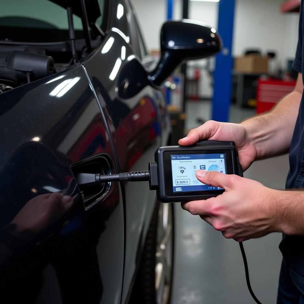 Mechanic using an OBD2 scanner on a vehicle