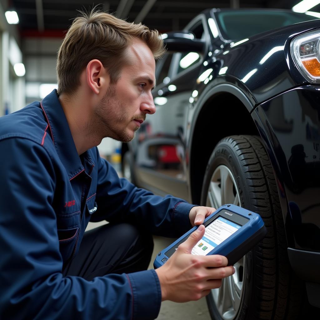 Mechanic Using V100 OBD2 Scanner