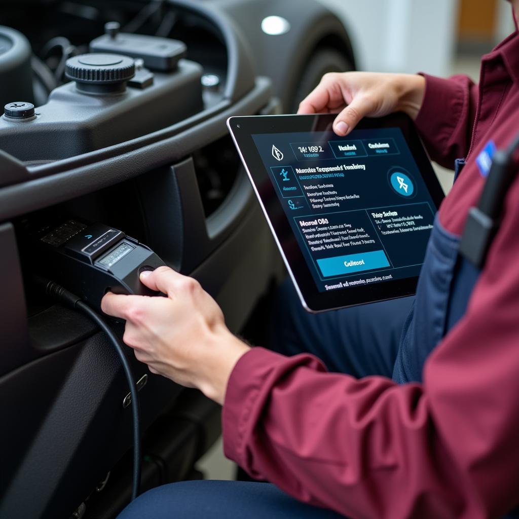 Mechanic Using a Bluetooth OBD2 Scanner to Diagnose a Car Problem