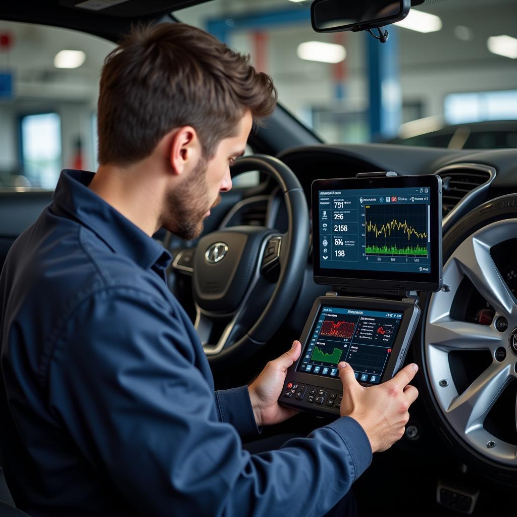 Mechanic using an OBD2 scanner to diagnose a car problem