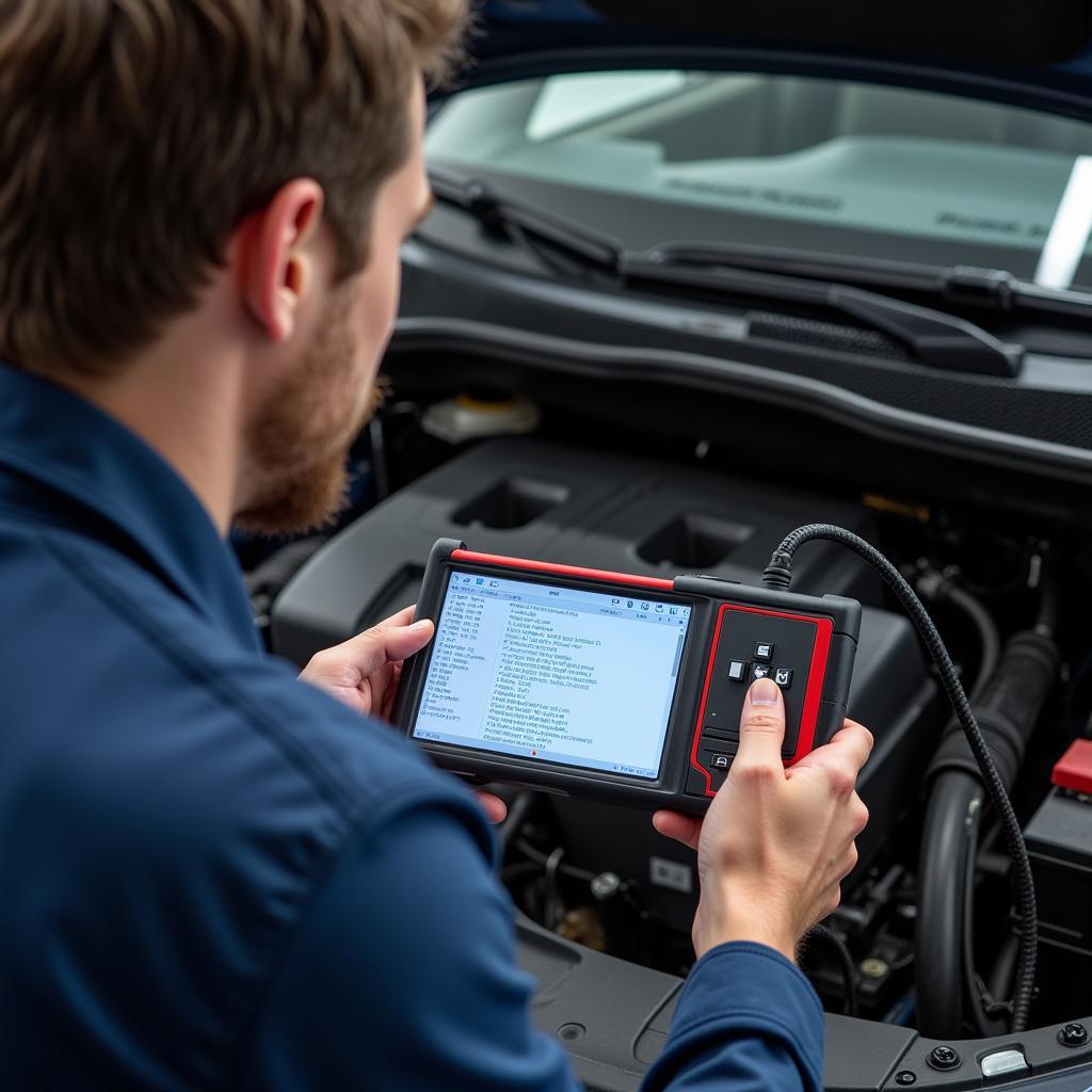 Mechanic Using OBD2 Scanner on Car