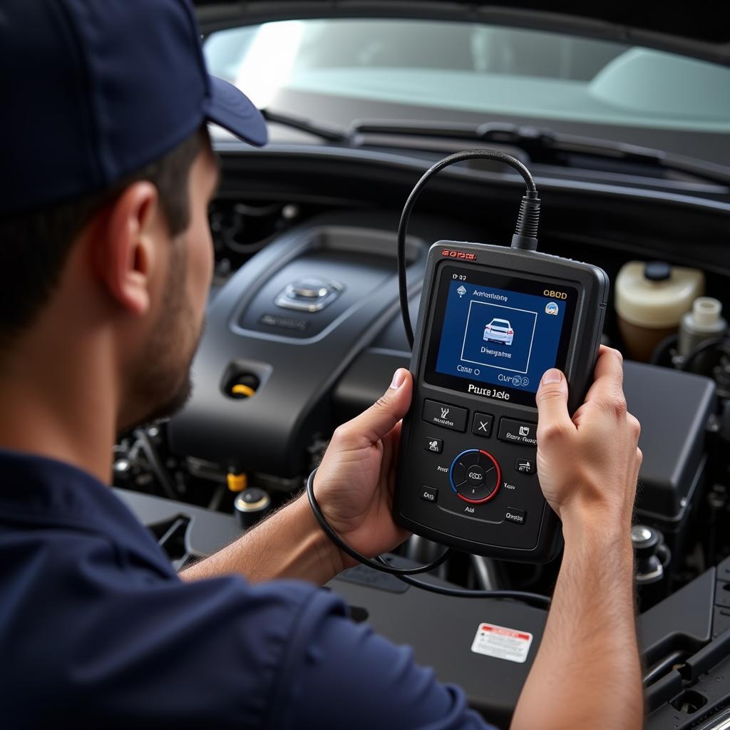 Mechanic Using OBD2 Scanner on a Car