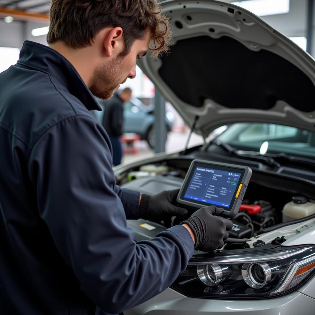 Mechanic using an OBD2 scanner to diagnose a car