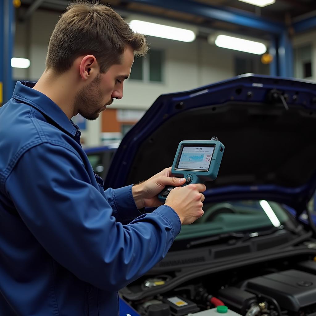 A mechanic utilizing an OBD2 scanner to diagnose a car