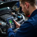 Mechanic Diagnosing Car with OBD2 Scanner