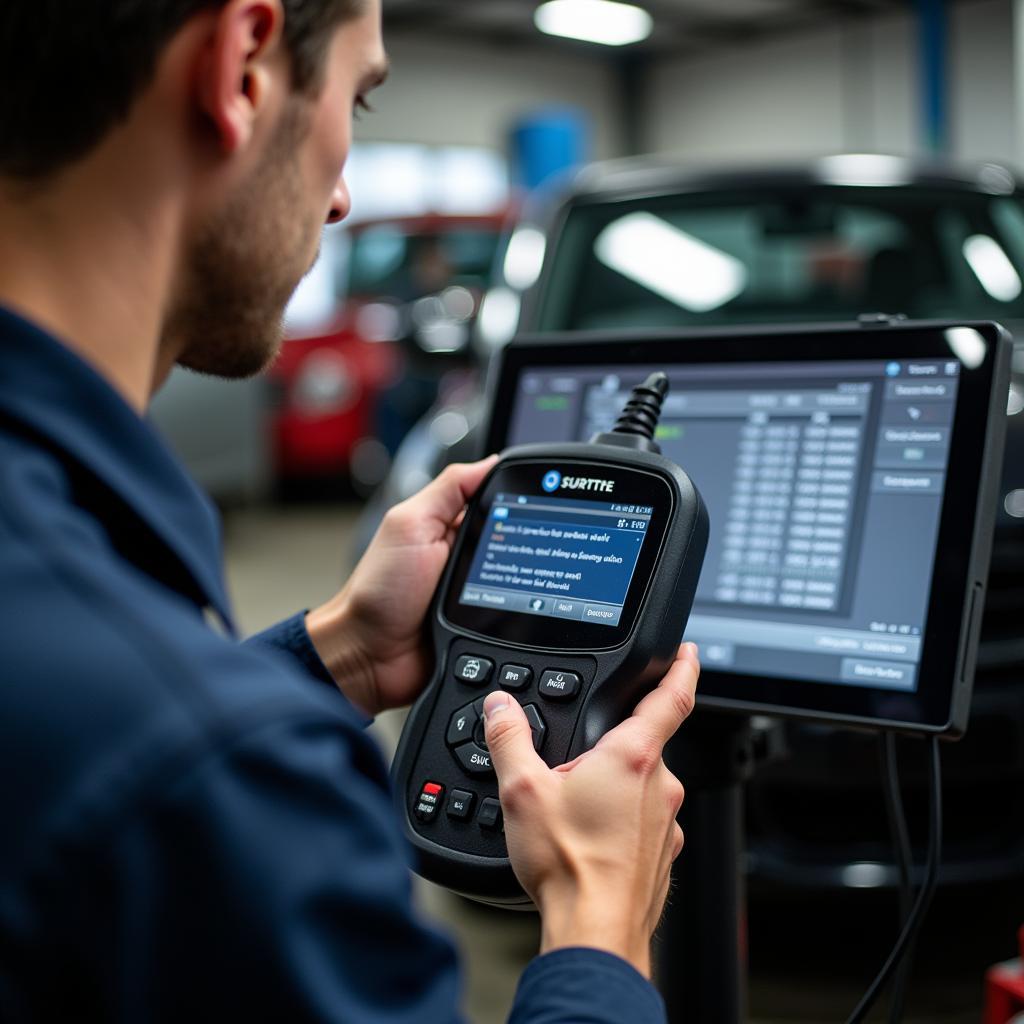 Mechanic diagnoses car with OBD2 scanner