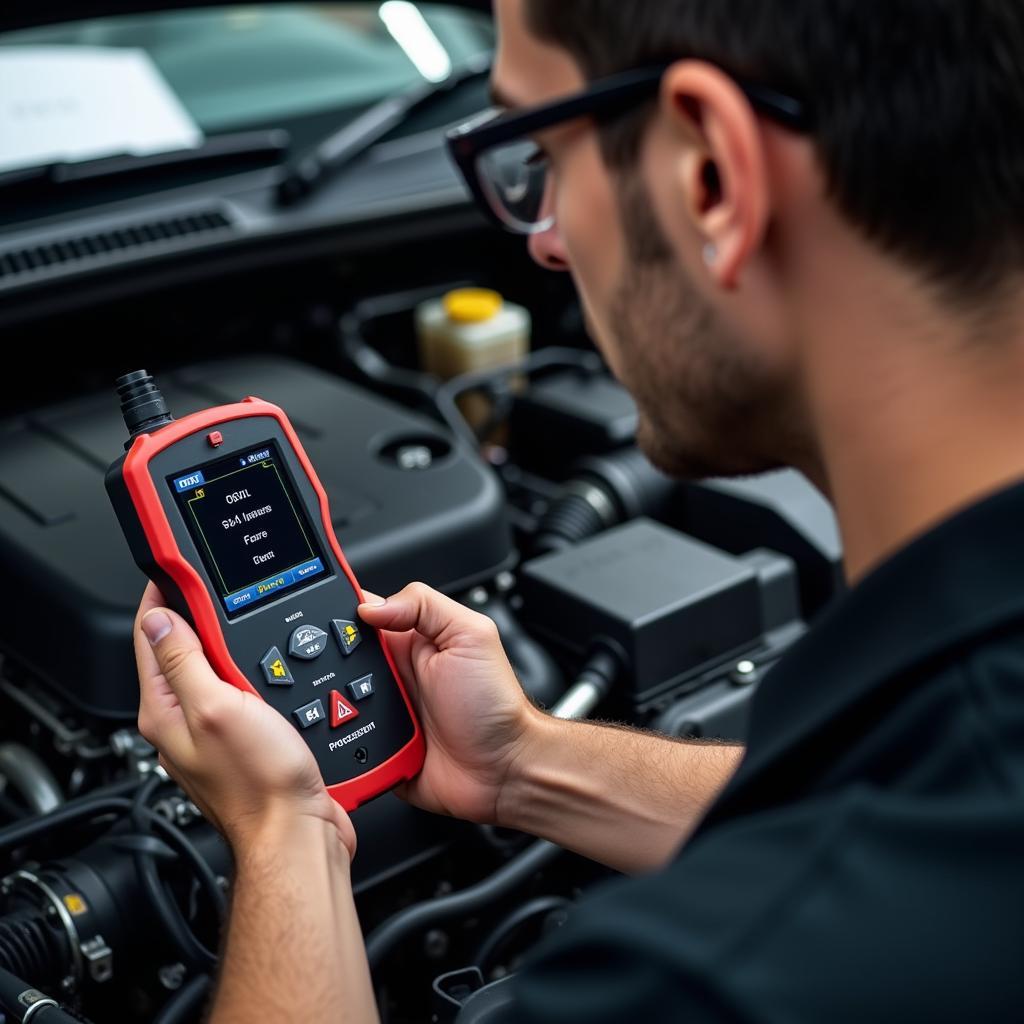 Mechanic using an OBD2 scanner on a car's engine