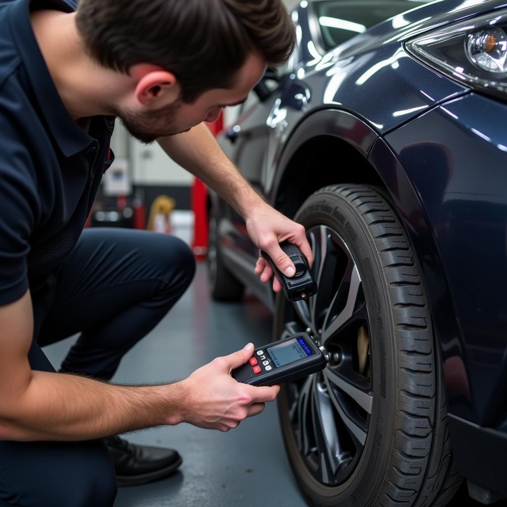 Mechanic Utilizing an OBD2 Scanner for Diagnostics