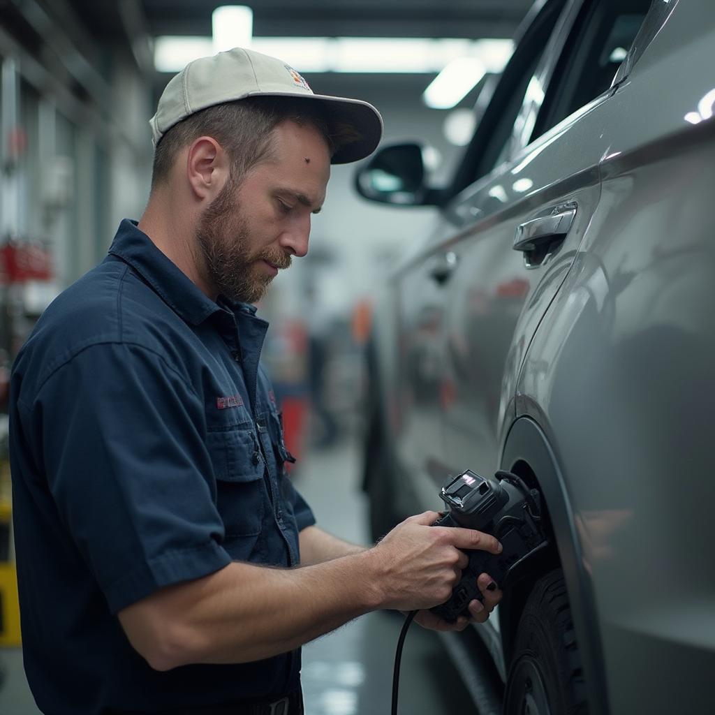 Mechanic Diagnosing a Car with an OBD2 Scanner