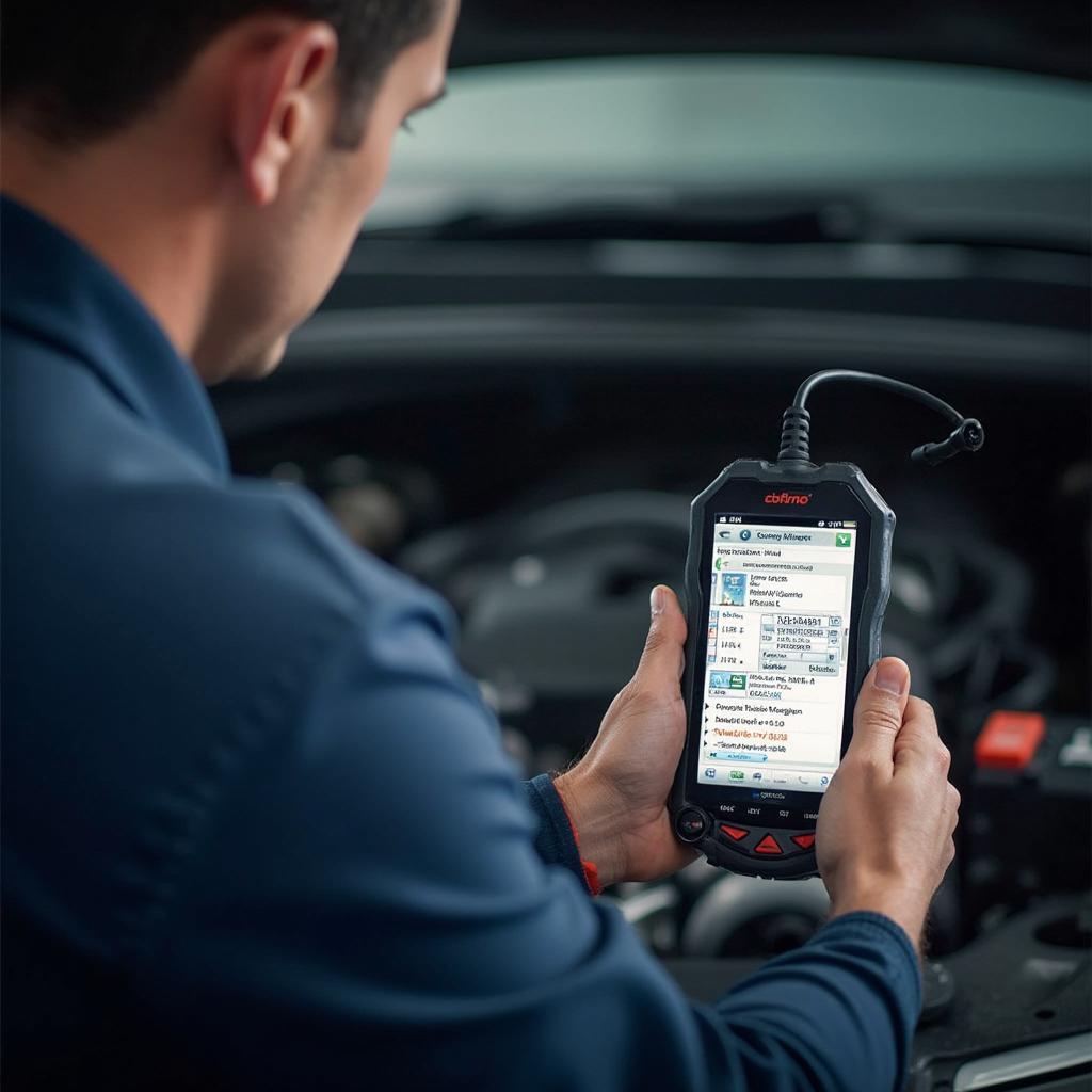 Mechanic using an OBD2 scanner to diagnose car problems.