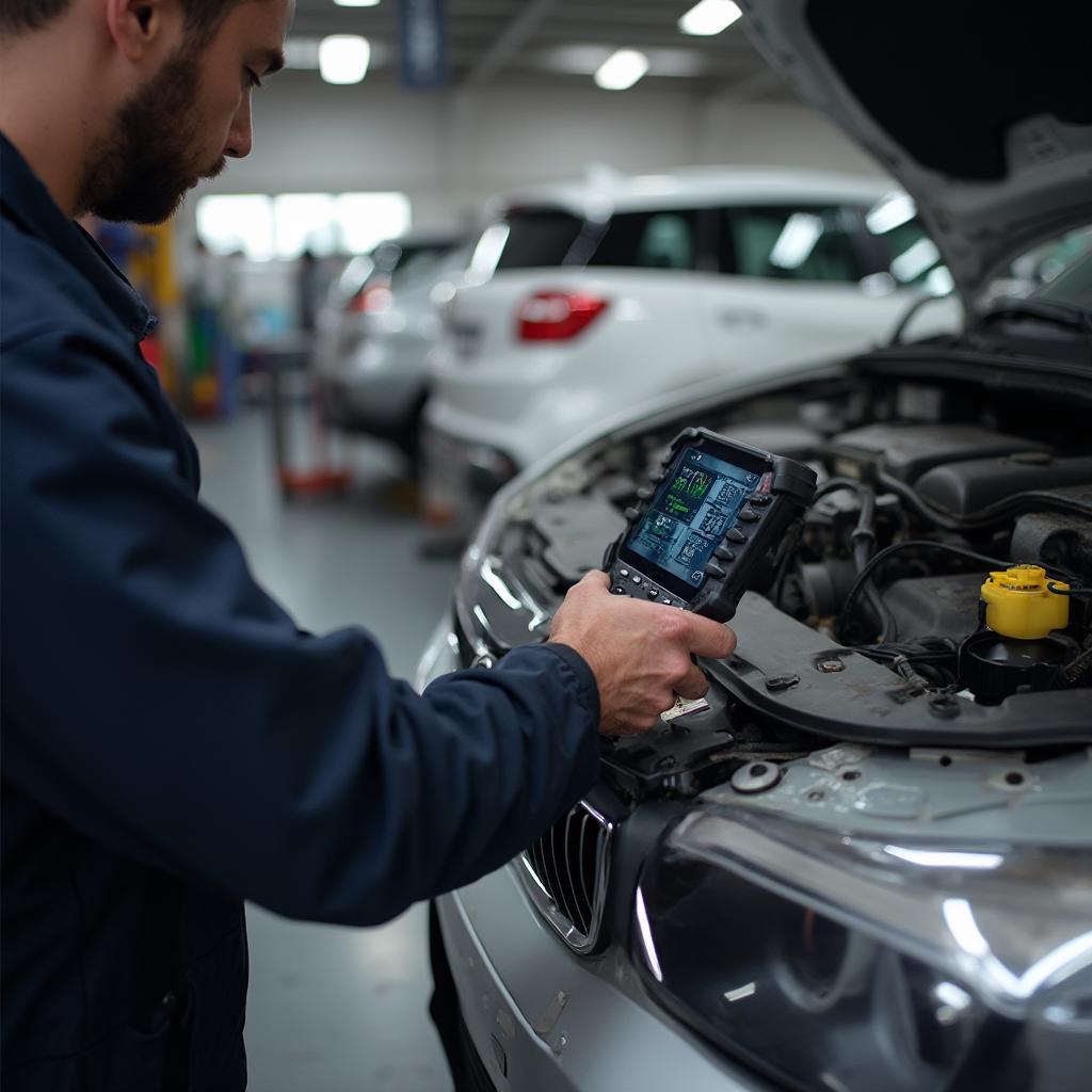 Mechanic Using an OBD2 Scanner to Diagnose a Car Problem