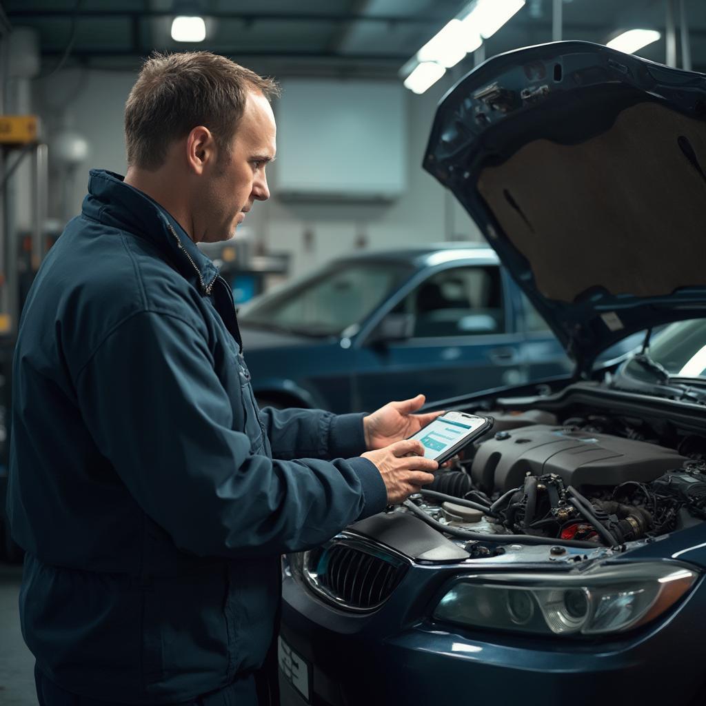 Mechanic Using OBD2 Scanner on a Car