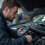 Mechanic Diagnosing Car with OBD2 Scanner