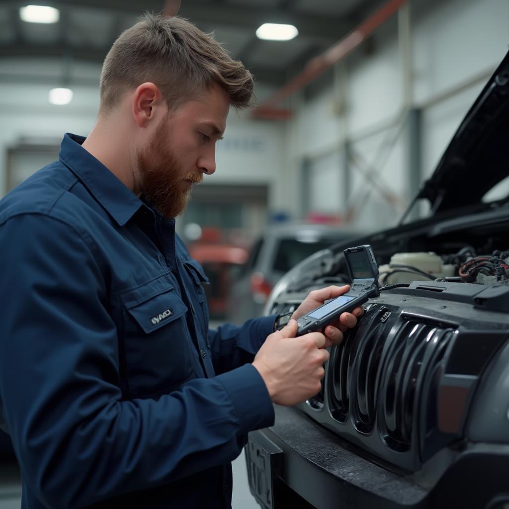 Mechanic Performing Autosafe OBD2 Diagnostics