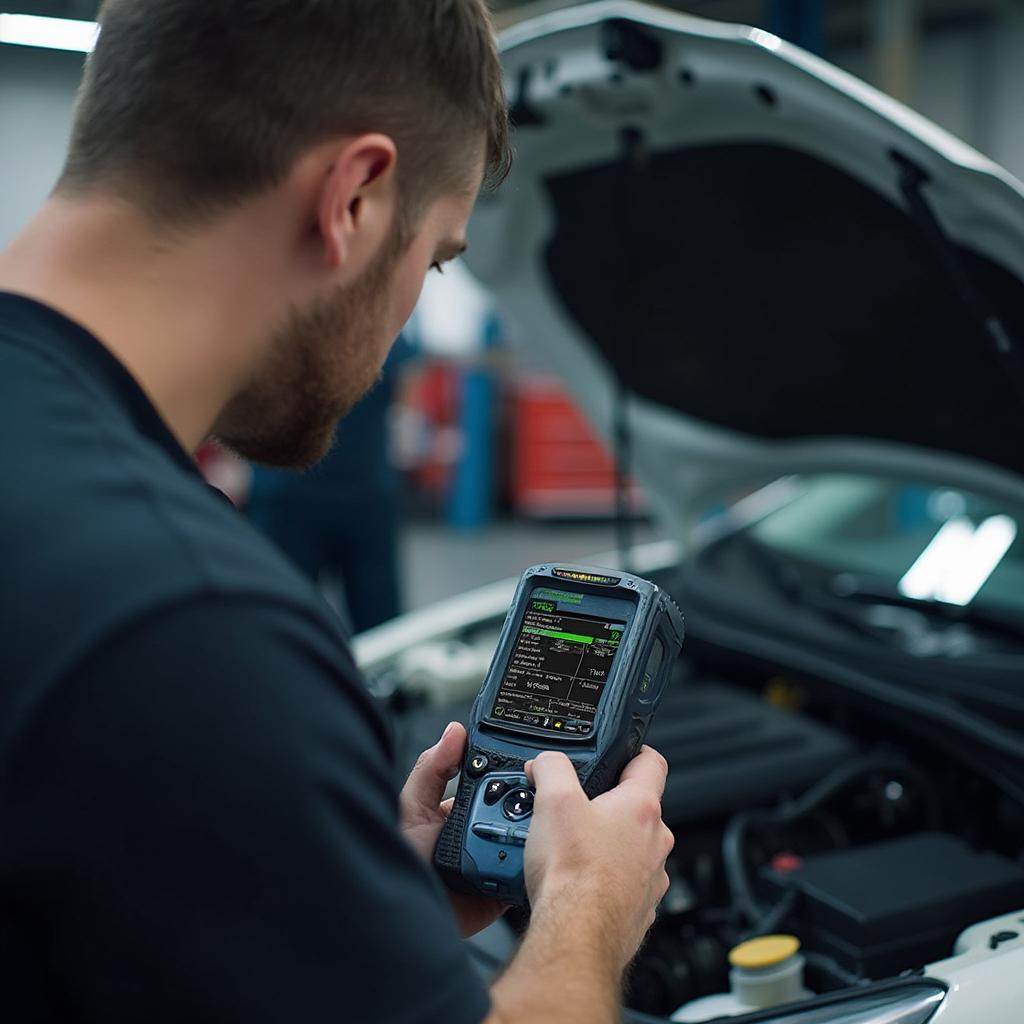 Mechanic Diagnosing Car with OBD2 Scanner