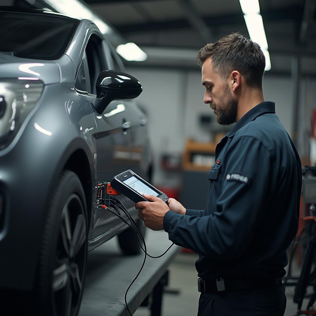 Mechanic using OBD2 Scanner on a car