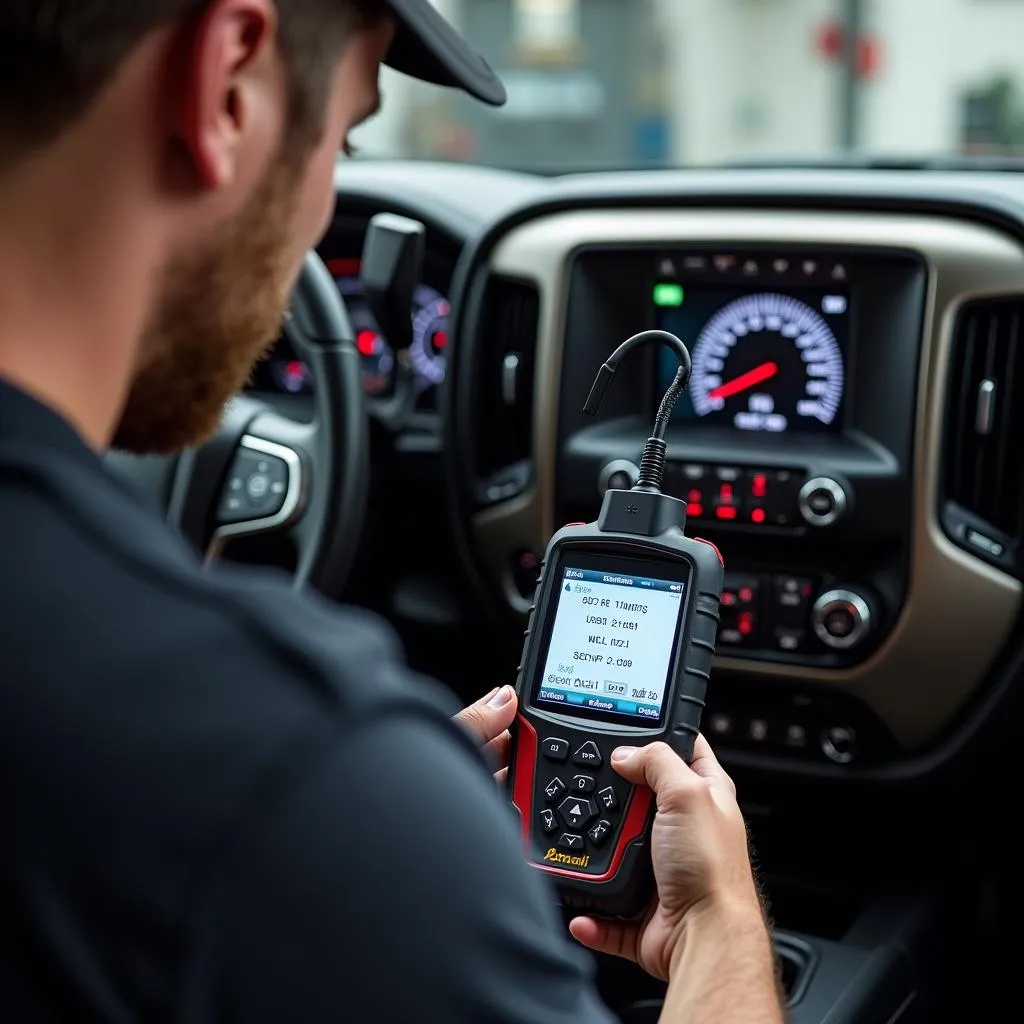 Mechanic Using OBD2 Scanner Adjusting Timing on a Chevy Truck