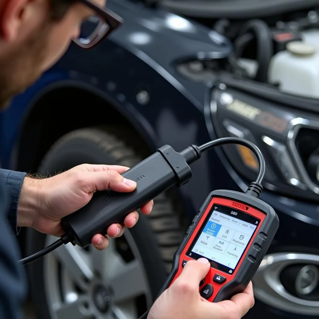 Mechanic Using OBD2 Scanner and Cable