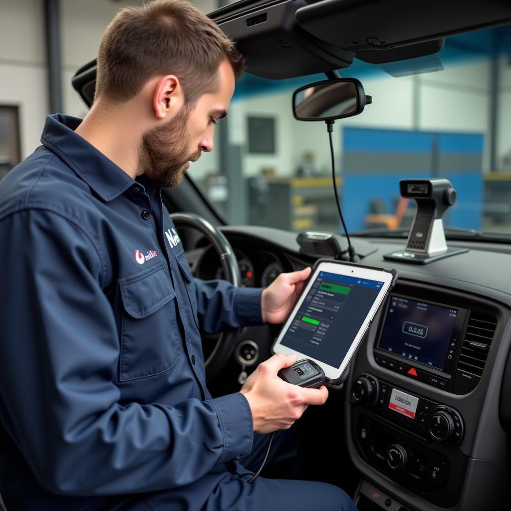 Mechanic Using OBD2 Scanner and Digital Dash App