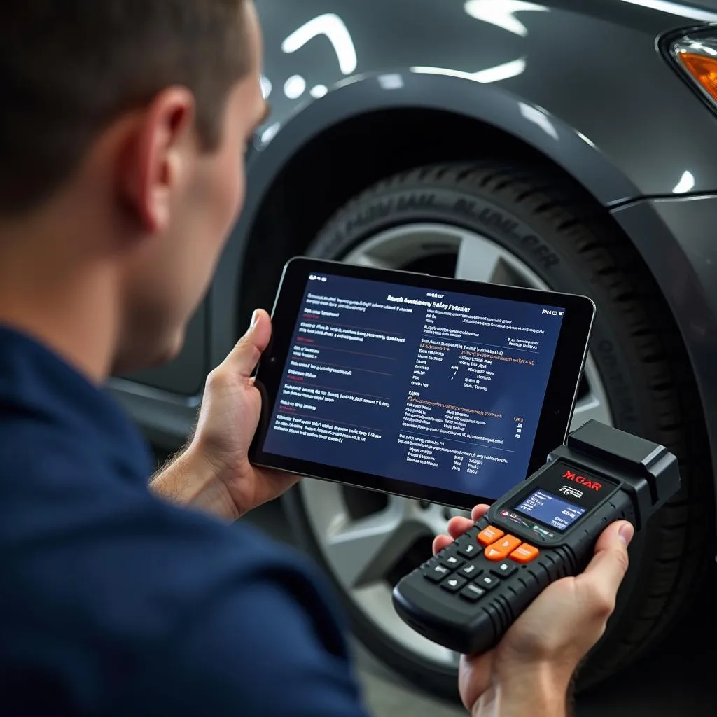 Mechanic using OBD2 scanner and iPad to diagnose a car problem in a garage