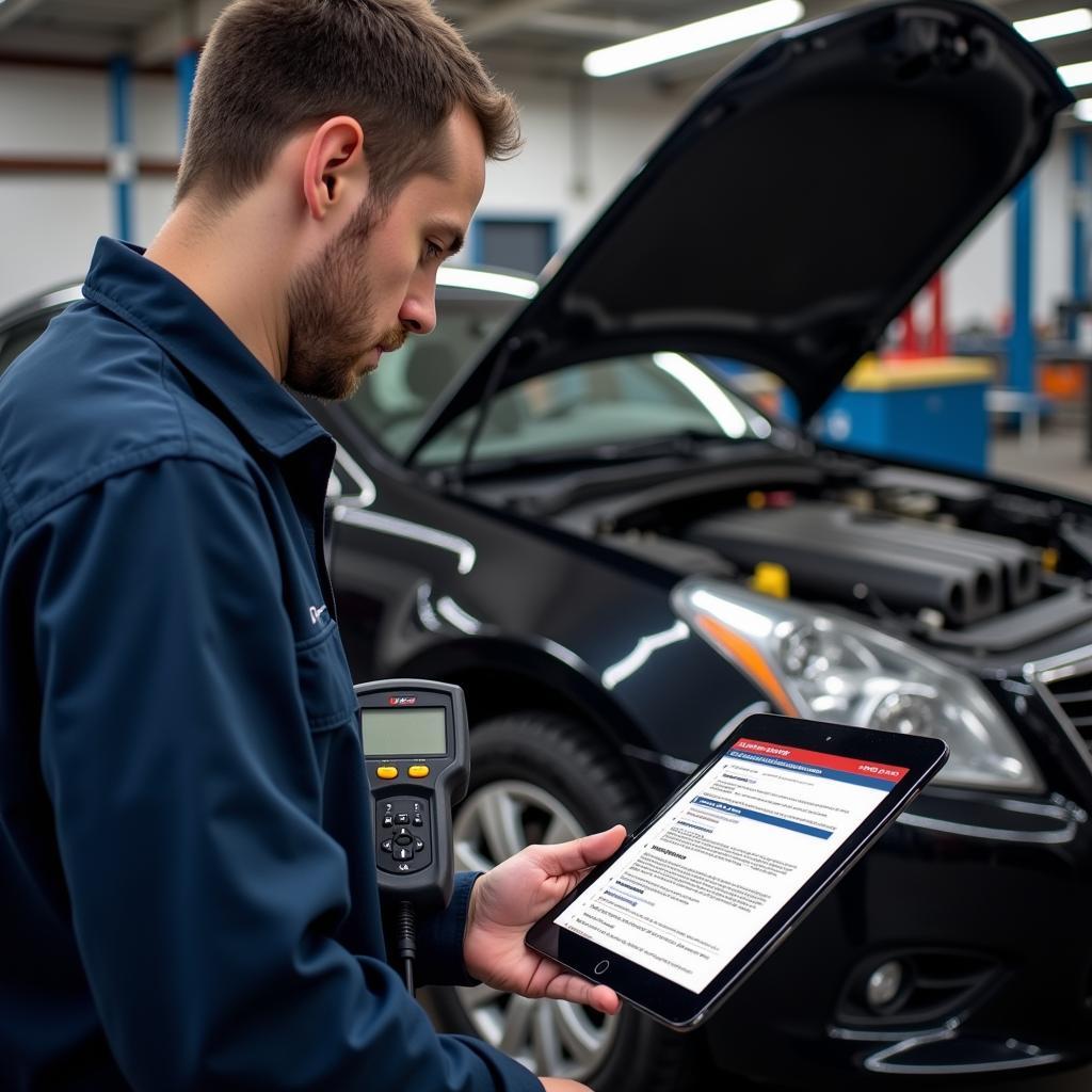 Mechanic Using OBD2 Scanner and Manual