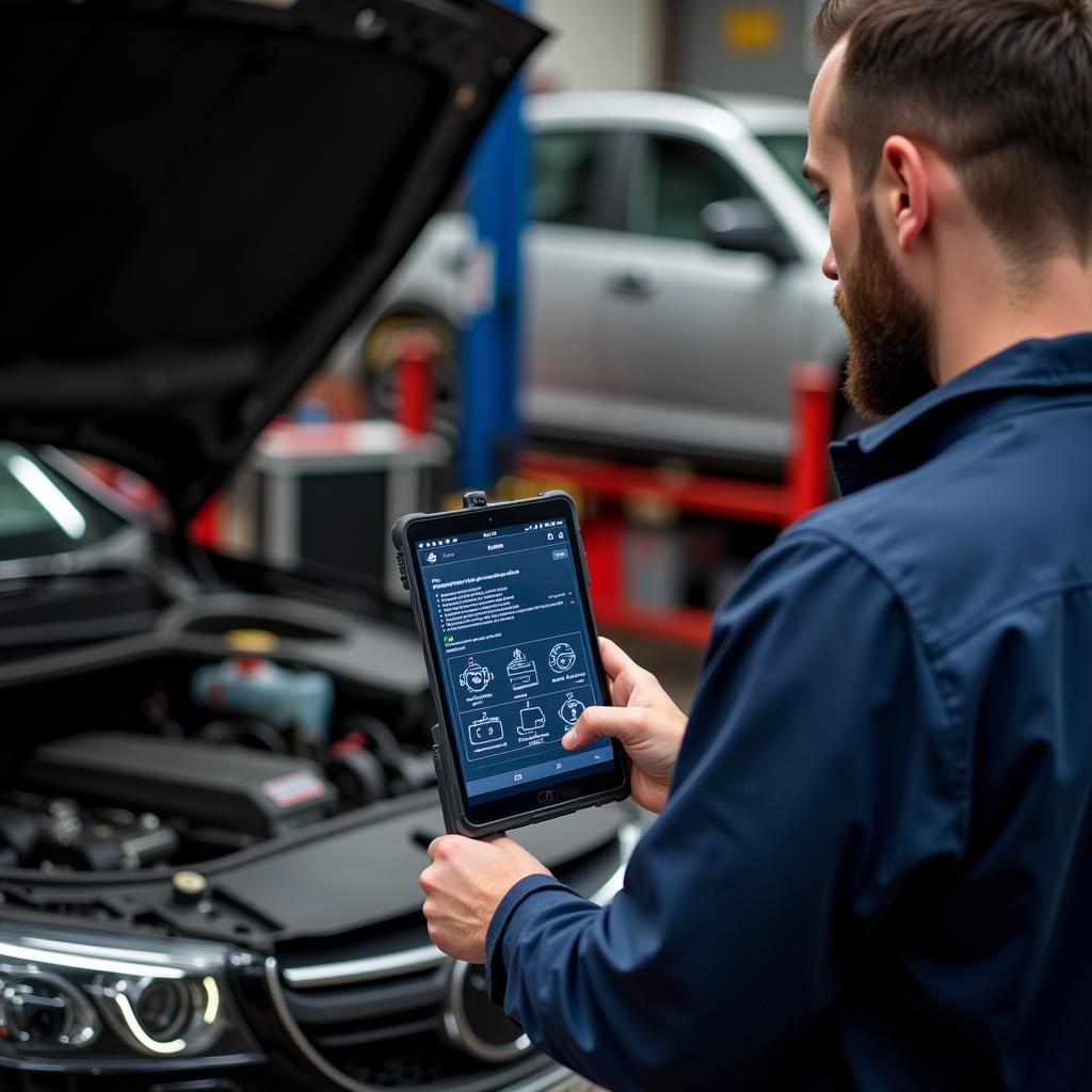 Mechanic Using OBD2 Scanner App