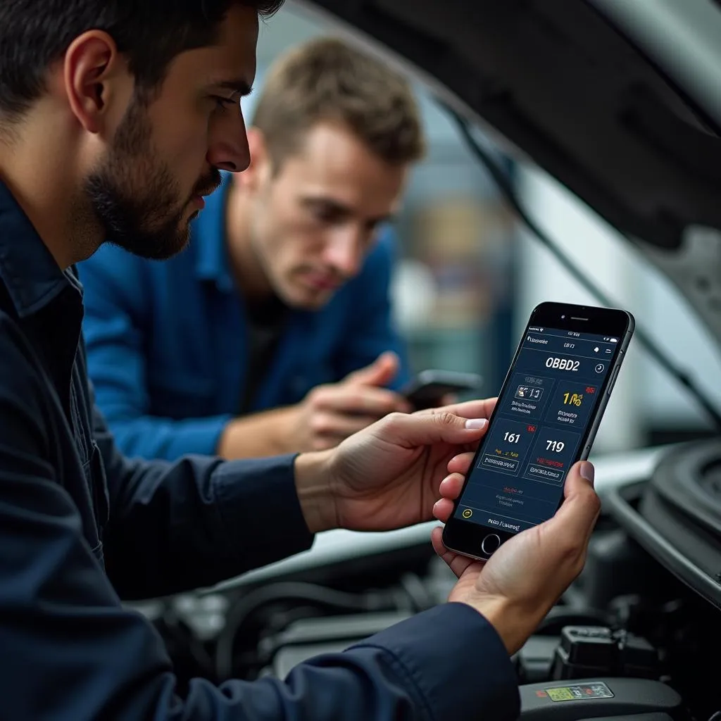 Mechanic diagnosing a car problem using an OBD2 scanner app on a smartphone