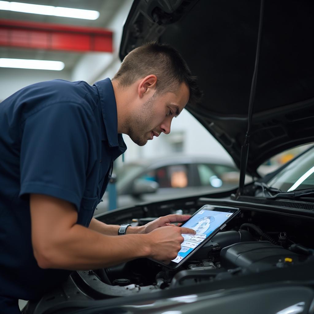 Mechanic diagnosing a car using a tablet with an obd2 scanner app