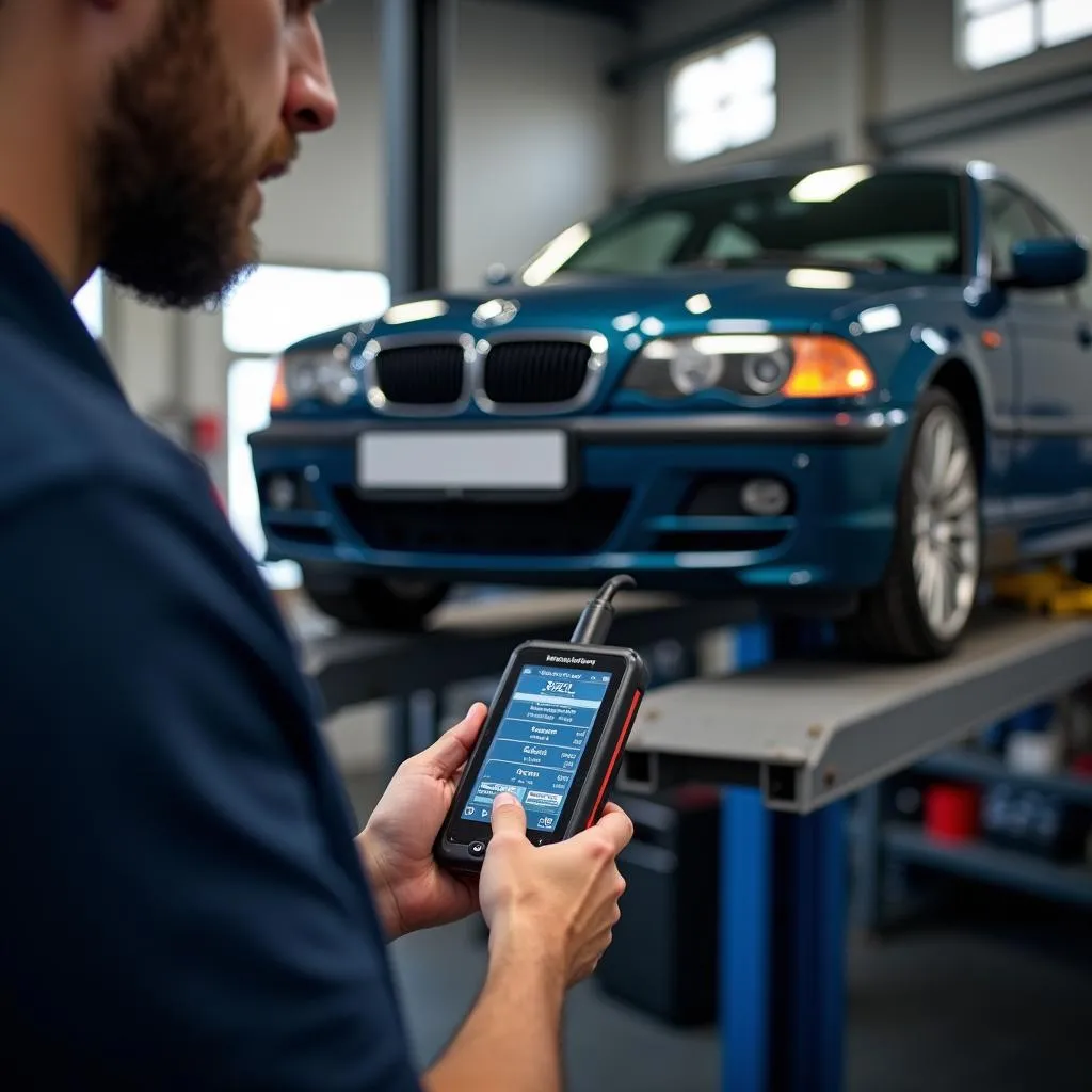 Mechanic Using OBD2 Scanner on BMW E46