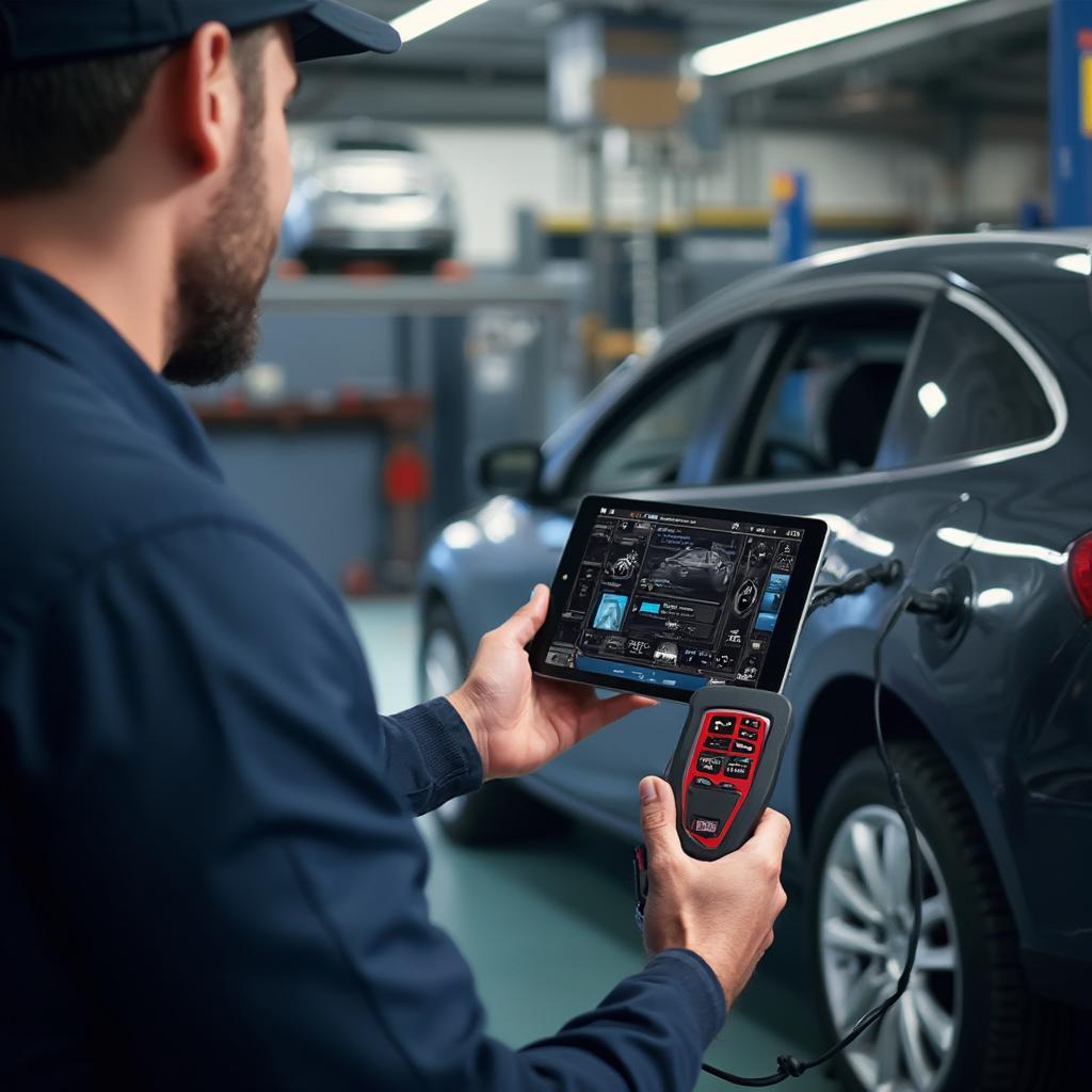 Mechanic using an OBD2 scanner BT to diagnose car problems