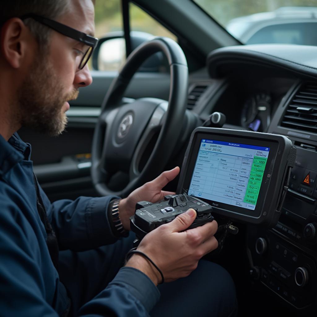 Mechanic using OBD2 scanner on a Cadillac DTS