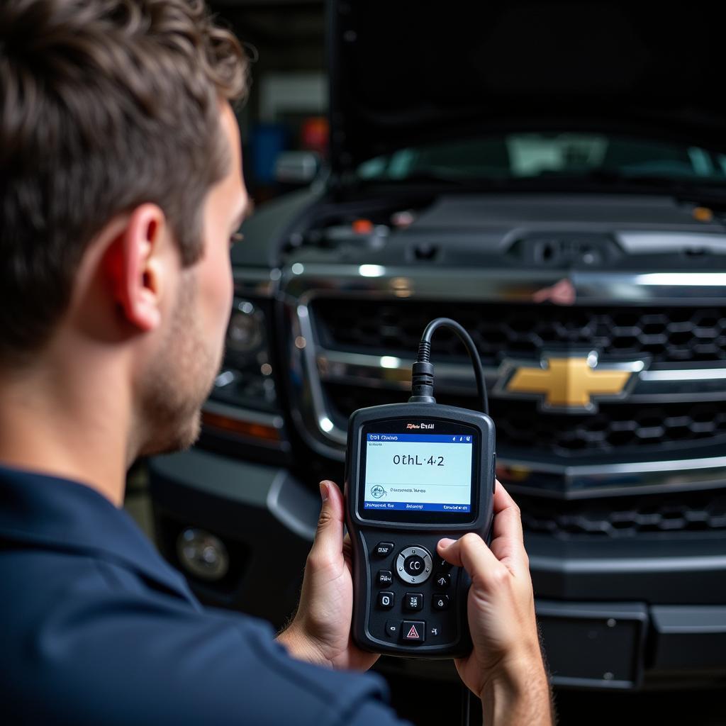 Mechanic Diagnosing Chevy with OBD2 Scanner