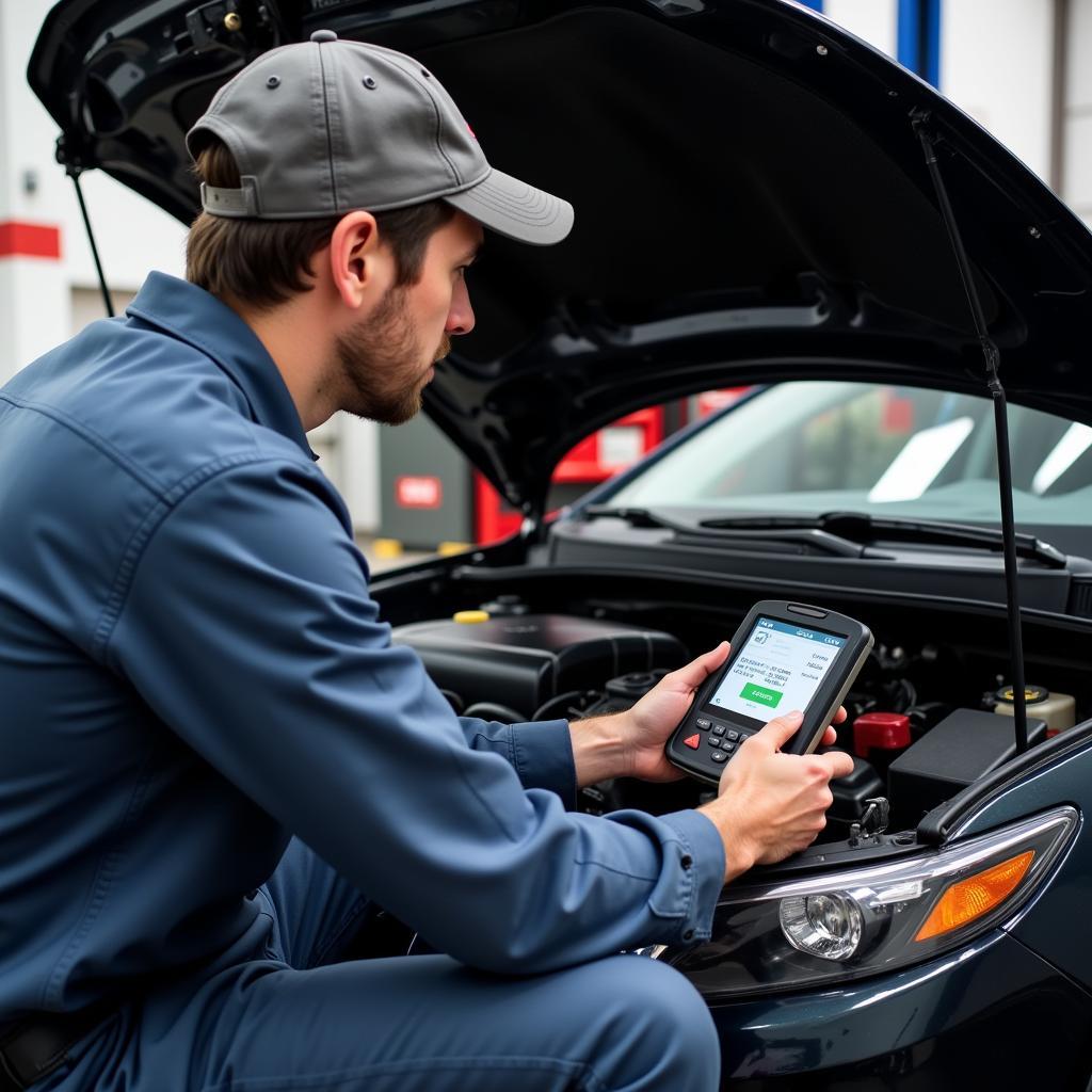 Mechanic Using OBD2 Scanner on Chevy Volt