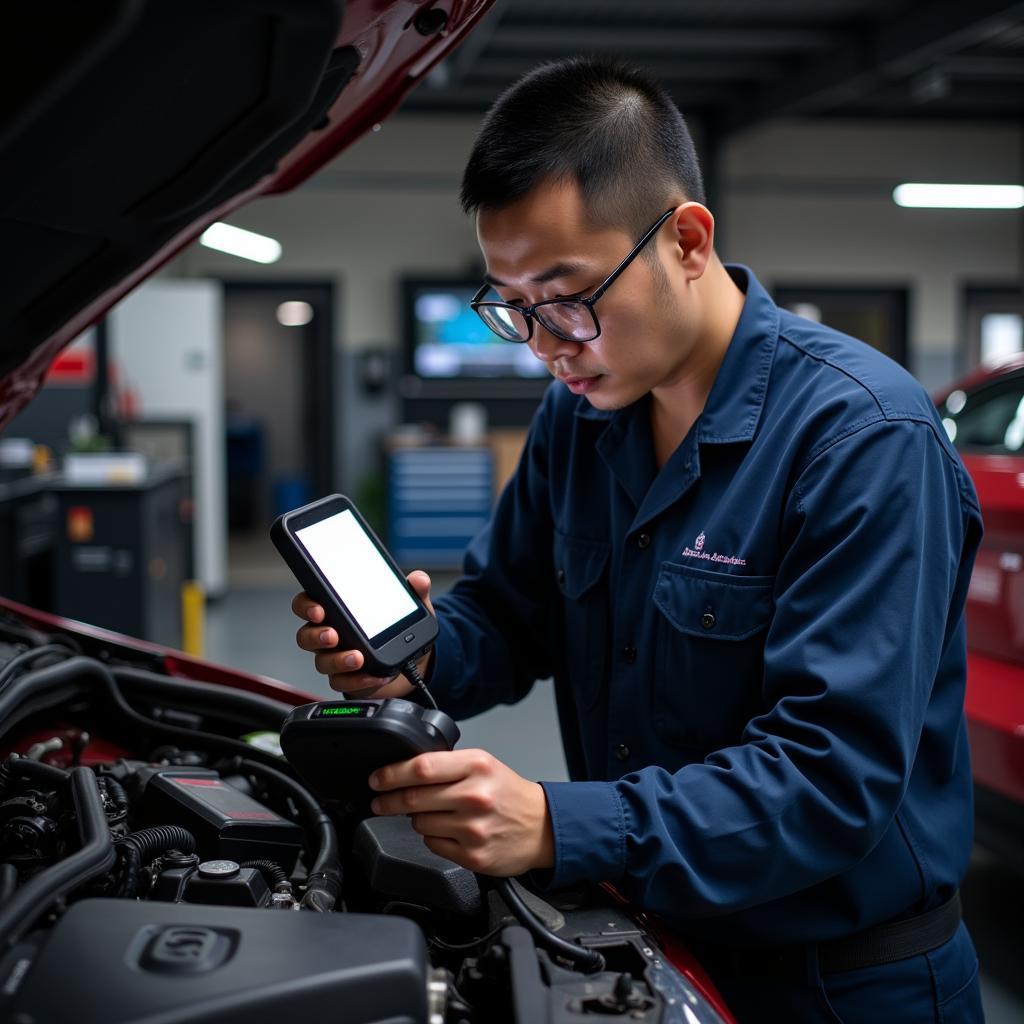 Mechanic Using OBD2 Scanner in China Workshop