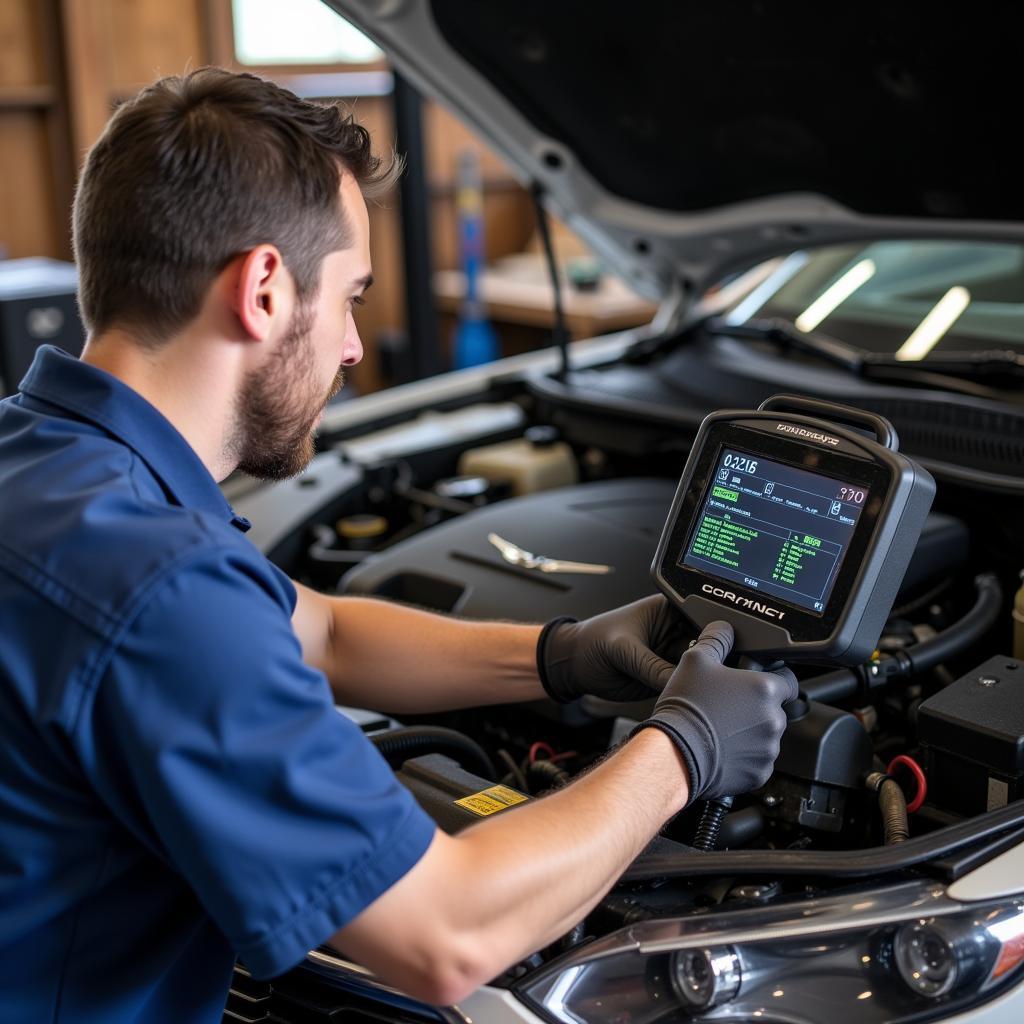 Mechanic Using OBD2 Scanner on a Chrysler