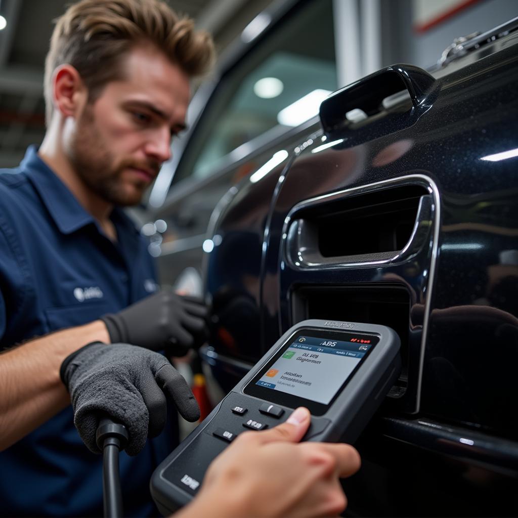 Mechanic Using OBD2 Scanner for ABS Diagnostics