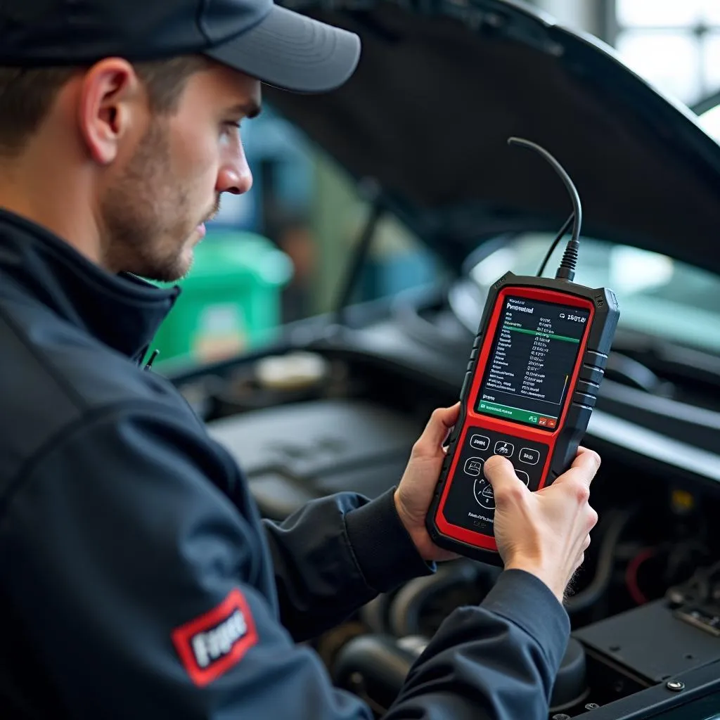 Mechanic Using OBD2 Scanner for Car Diagnostics