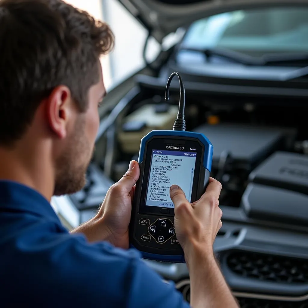 Mechanic Using OBD2 Scanner for Car Diagnosis