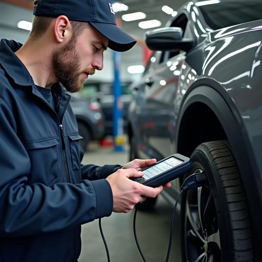 Mechanic using an OBD2 scanner to diagnose car problems in a repair shop