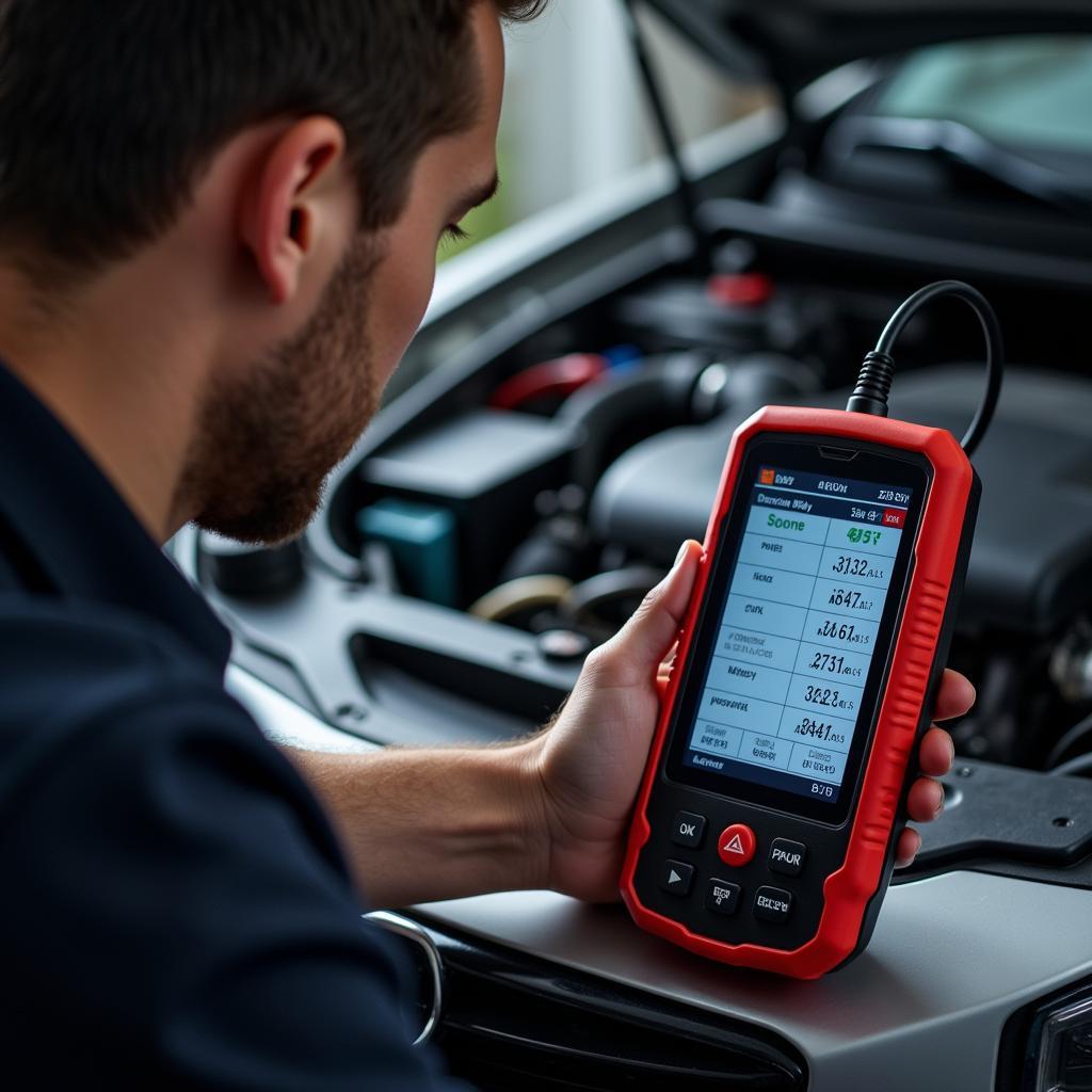 Mechanic Using OBD2 Scanner to Diagnose Battery