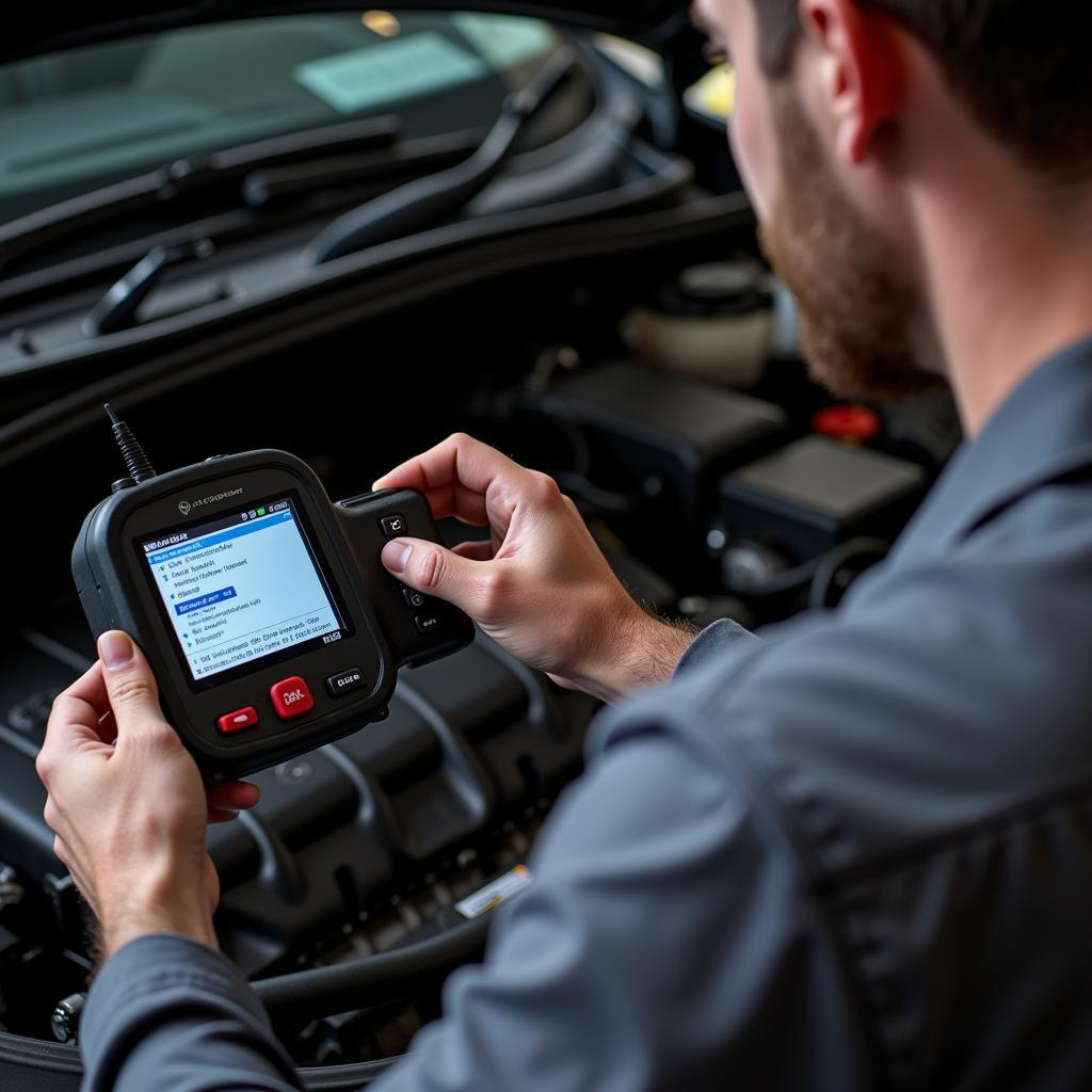 Mechanic using OBD2 scanner to Diagnose Car Problem