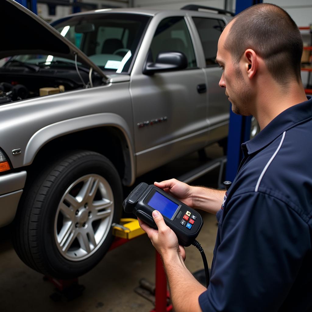 Mechanic Diagnosing a 2000 Dodge Durango with an OBD2 Scanner