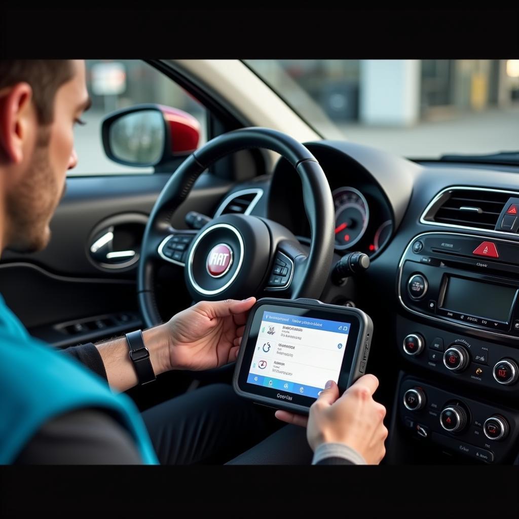 Mechanic Using OBD2 Scanner on a Fiat 500e