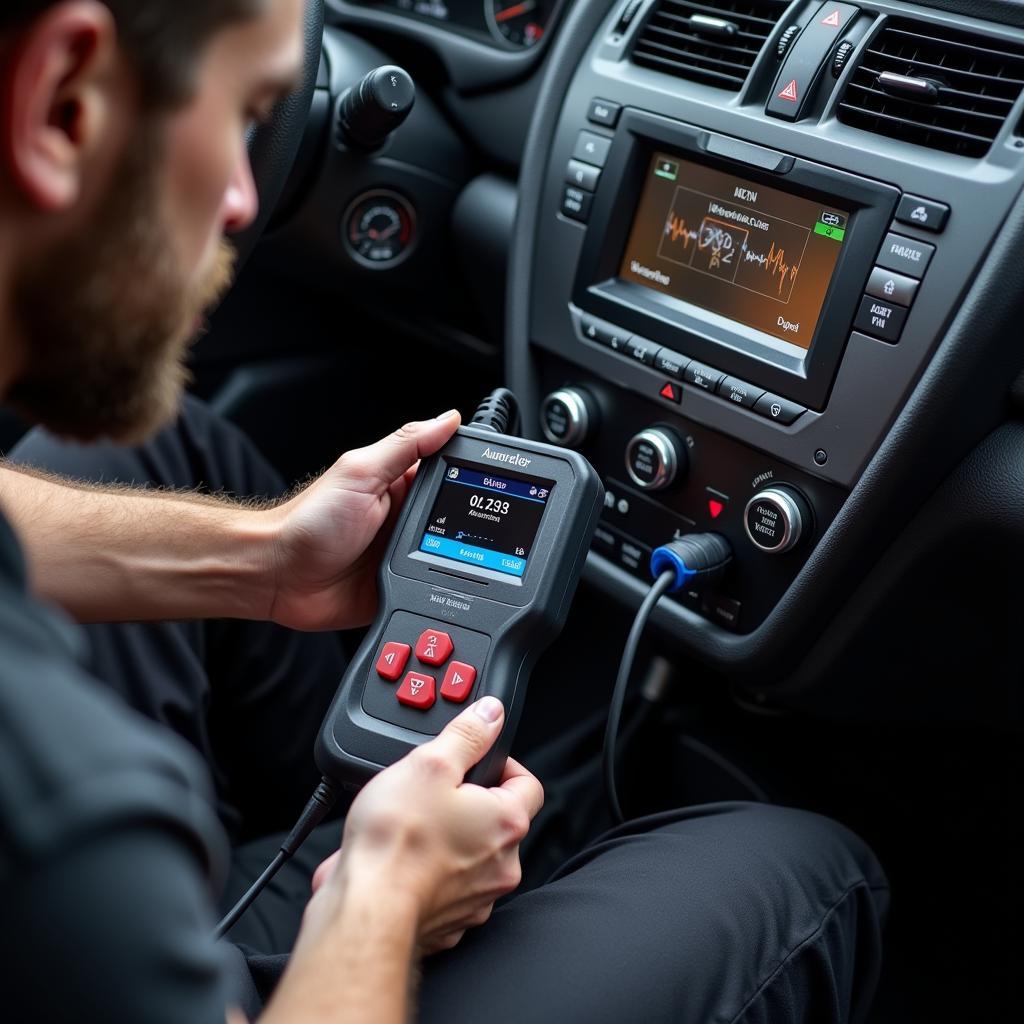 Mechanic Diagnosing ABS with OBD2 Scanner