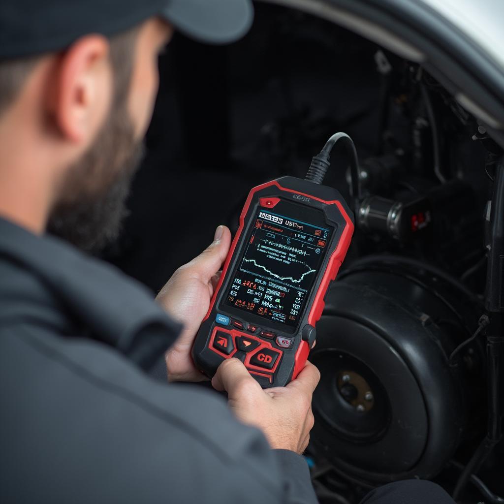 Mechanic using an OBD2 scanner to diagnose ABS issues