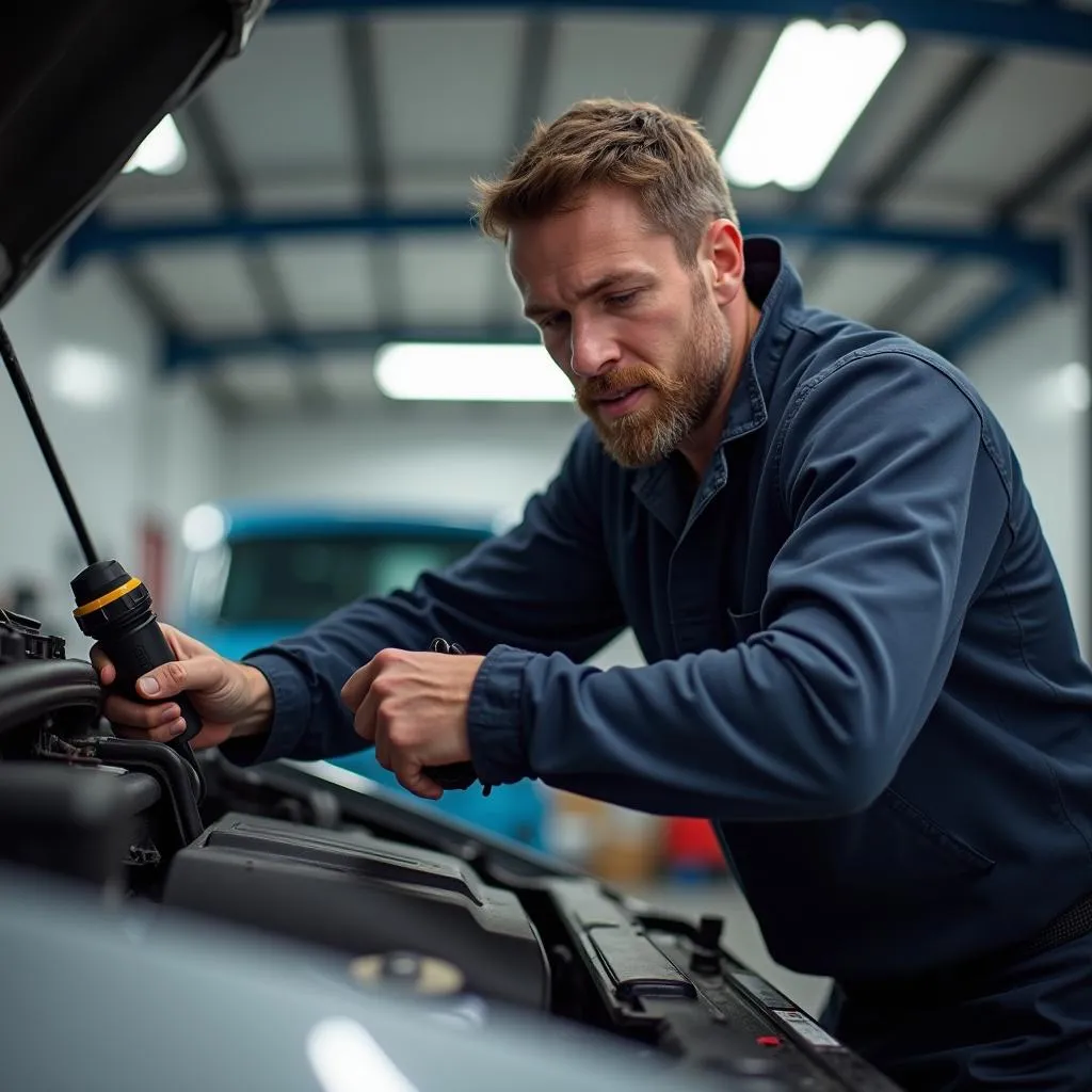 Mechanic Using OBD2 Scanner