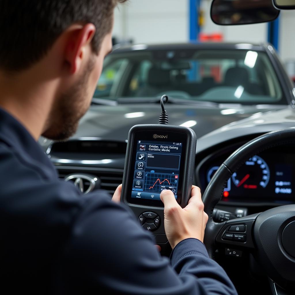 Mechanic using OBD2 scanner for car diagnosis