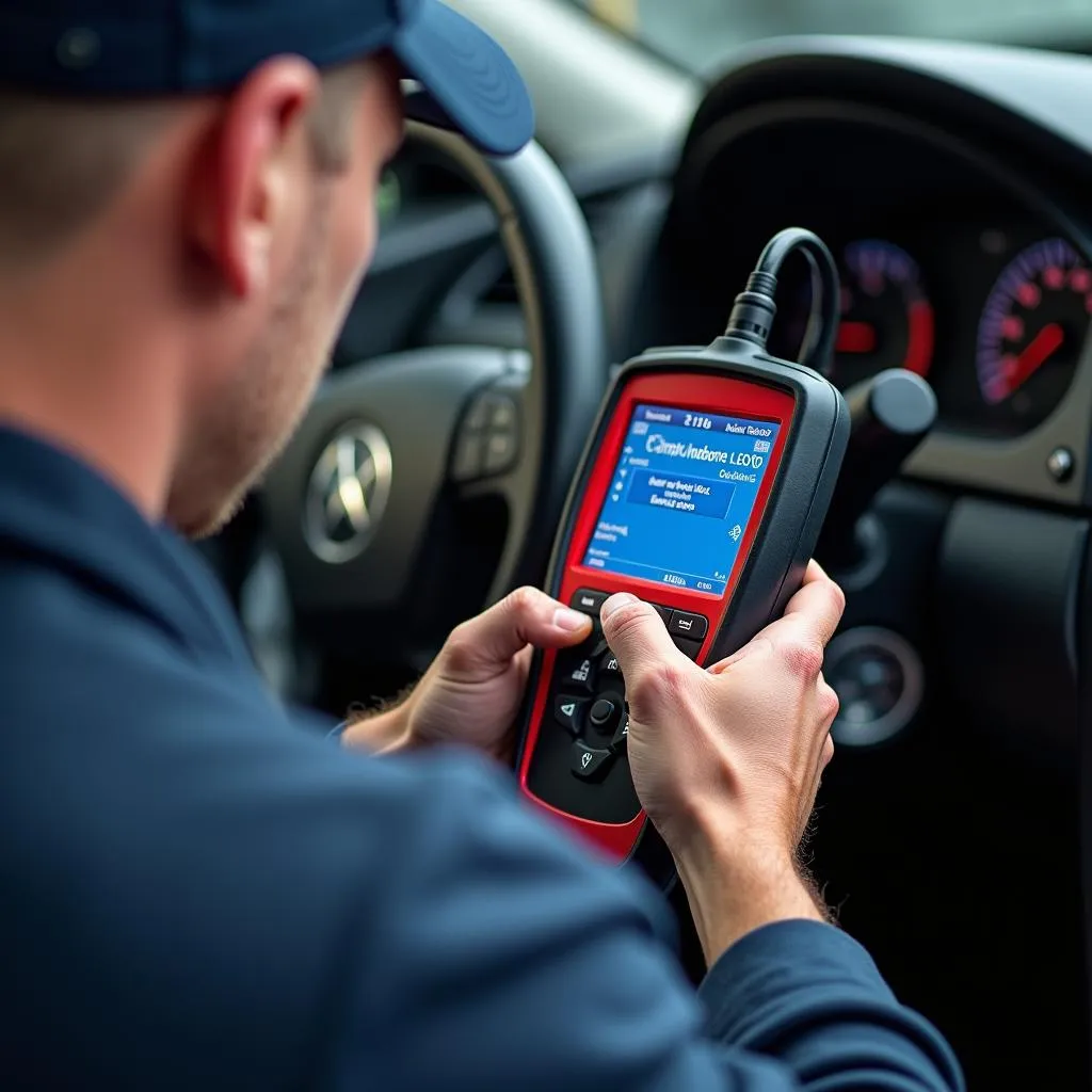 Mechanic Performing Diagnostics with an OBD2 Scanner