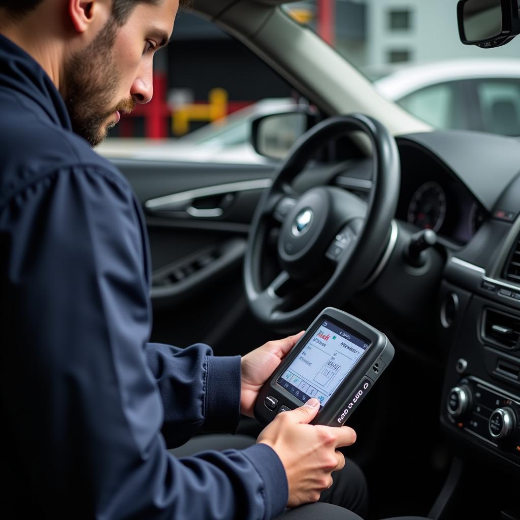 Mechanic Performing Car Diagnostics Using an OBD2 Scanner